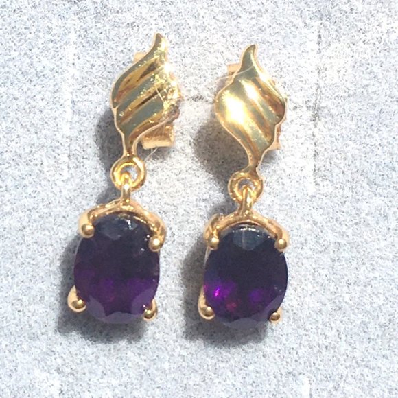 Natural Amethyst Gold Plated Earrings Post Dangles - Picture 6 of 15
